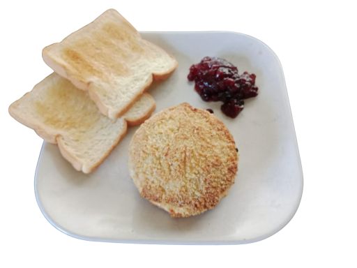 A plate with a toasted muffin, two slices of toast, and a portion of berry jam.