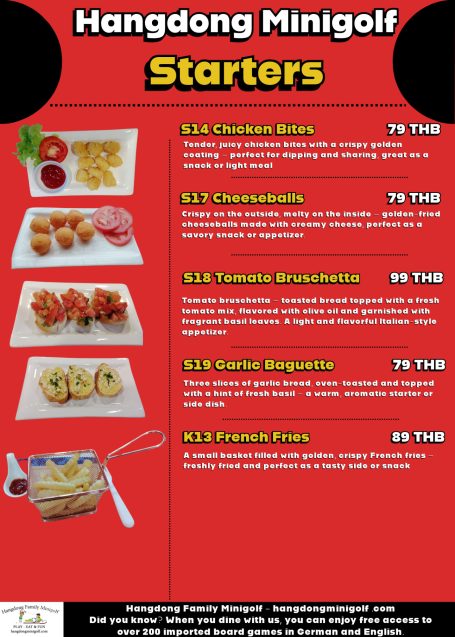 Menu for Hangdong Minigolf featuring various starters like cheese balls and chicken wings. German Restaurant Chiangmai 