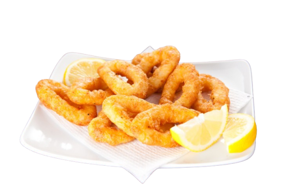 Fried calamari rings served with lemon wedges on a white plate.