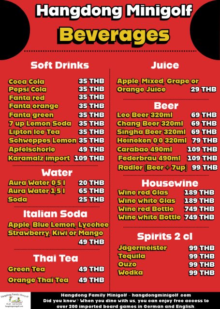 Menu of beverages at Hangdong Minigolf, featuring soft drinks, juices, beer, and teas. german Restaurant