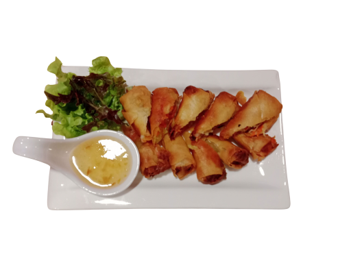 Crunchy spring rolls with lettuce and a side of dipping sauce.