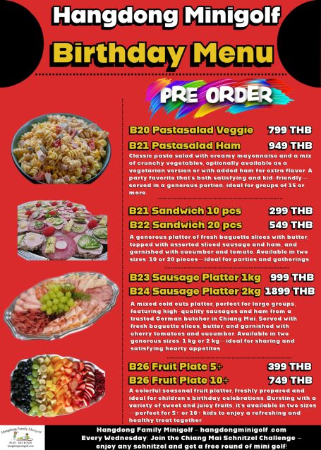 Birthday menu for Hangdong Minigolf featuring food items and prices.