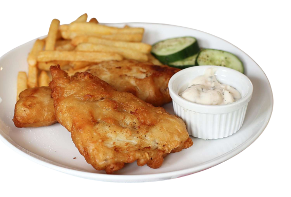 Two pieces of fried fish with fries, cucumber slices, and a small dish of tartar sauce.