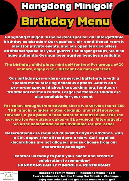 Birthday menu for Hangdong Minigolf with group details and promotional offers.