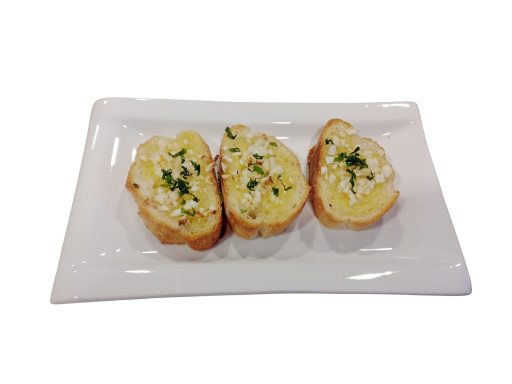 Three slices of toasted bread topped with cheese and herbs on a white plate.