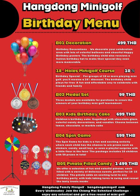 Colorful birthday menu with various party packages, activities, and prices listed.