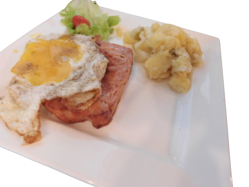 Plate of toast topped with a fried egg, served with salad and cooked potatoes.