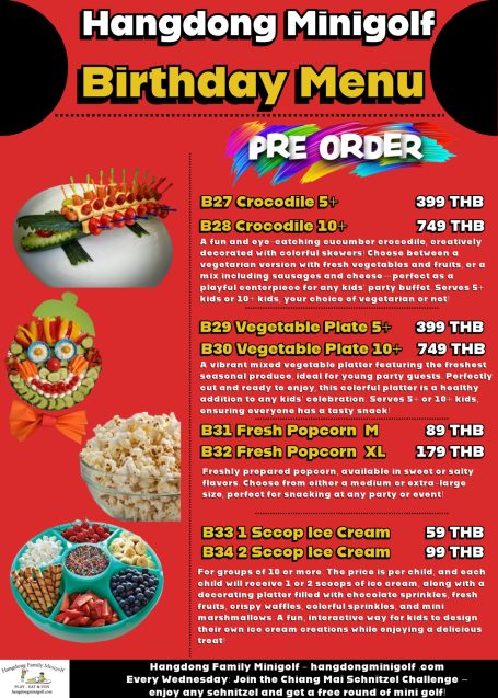 Birthday menu for Hangdong Minigolf featuring various food items and prices.