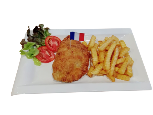Fried chicken with fries, salad, and cherry tomatoes garnished with French flags.