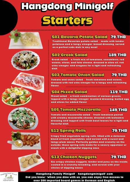 Menu for Hangdong Minigolf featuring various starter dishes with prices listed. German Restaurant Chiangmai 