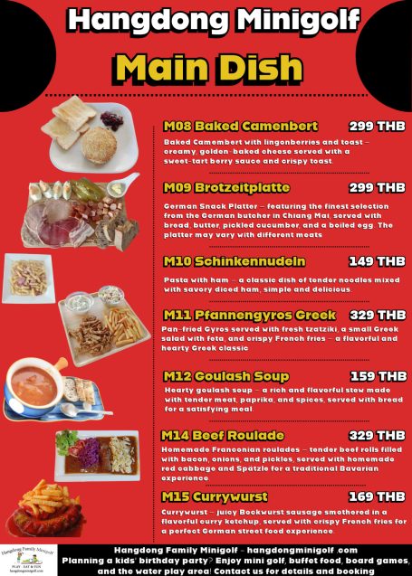 Menu for Hangdong Mint Golf featuring main dishes and prices.