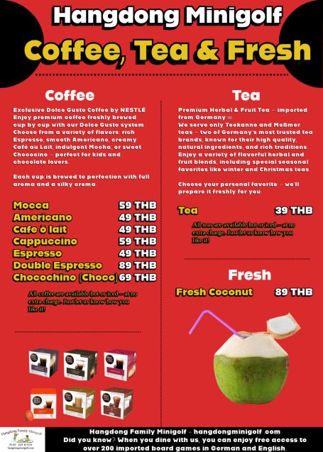 Menu for Hangdong Minigolf featuring coffee, tea, and fresh beverages options. German Restaurant Chiangmai 