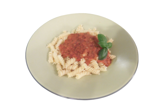 Plate of pasta topped with tomato sauce and a basil garnish.