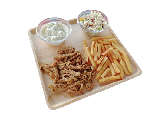 A wooden tray with pulled meat, coleslaw, and French fries.