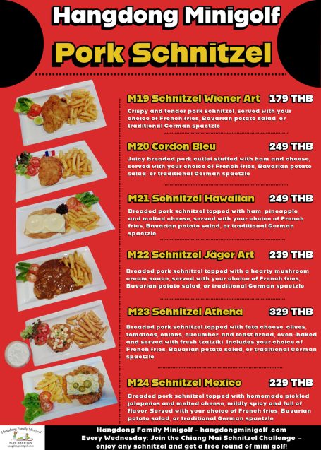 Menu featuring various pork schnitzel dishes with prices listed.