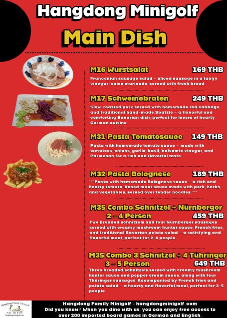 Menu featuring main dishes from Hangdong Mingolf, including various Thai cuisine options.