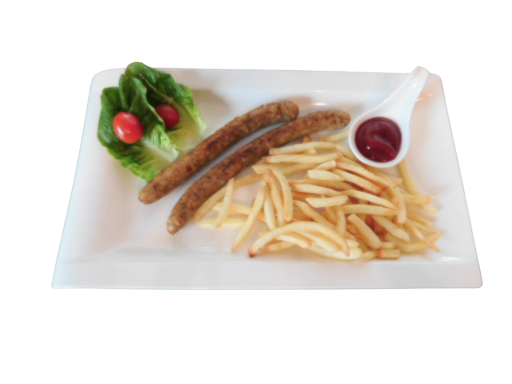 Plate with two sausages, French fries, cherry tomatoes, and a dipping sauce.