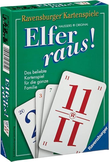 Card game box featuring the title "Elfer raus!" with colorful cards displayed.