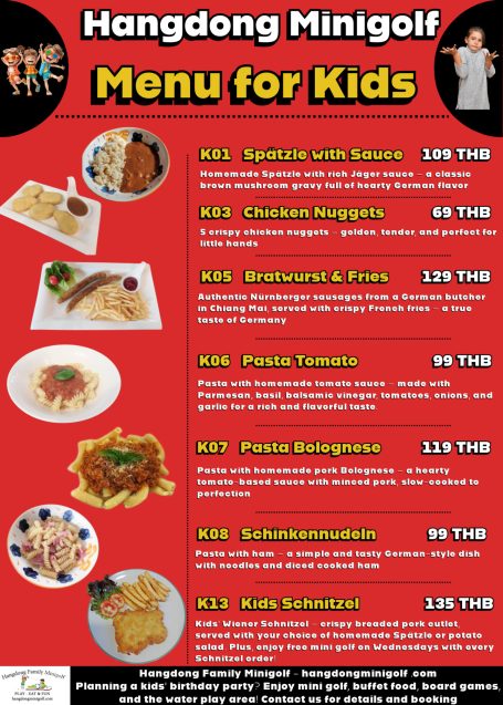Menu for kids at Hangdong Minigolf featuring various meal options and prices.
