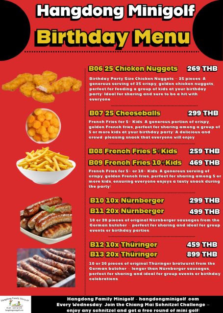Birthday menu for Hangdong Minigolf featuring various food options and prices.